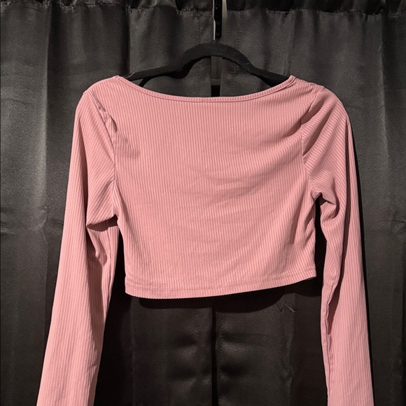 Pink Ribbed Long Sleeve Crop Top - Picture 4 of 4